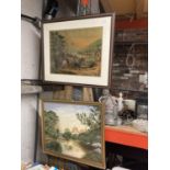 A VINTAGE STYLE PRINT OF A PASTORAL SCENE WITH COWS PLUS AN OIL ON BOARD SIGNED B BOSMAN OF A LAKE