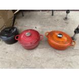 THREE COOKING POTS TO INCLUDE A LE CREUSET CASSEROLE DISH