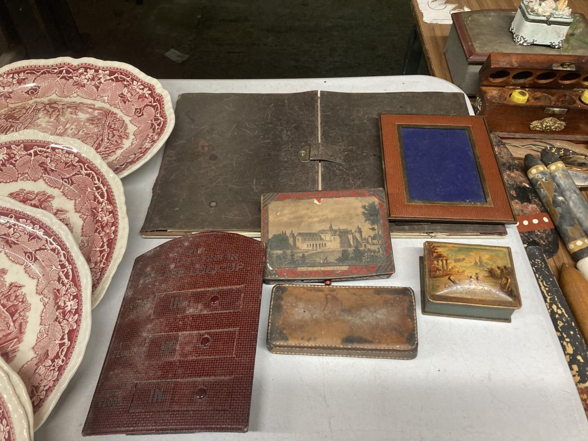 A VINTAGE LEATHER BOUND BLOTTER PAD, TWO METAL BOX ES, ONE WITH A PAINTED TOP, THE OTHER HAVING AN
