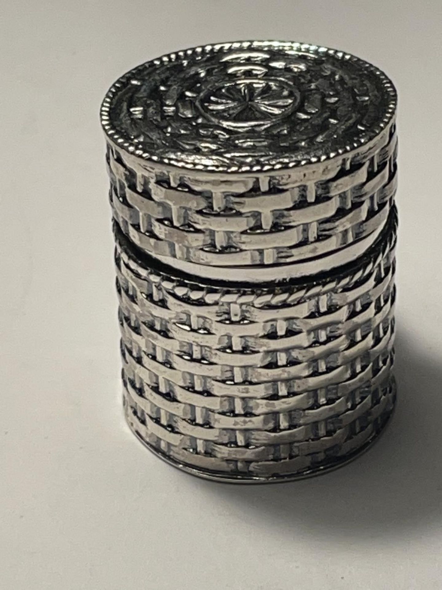 A MARKED SILVER THIMBLE CASE IN THE GUISE OF A BASKET