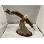 A RESIN FIGURE OF A BALD EAGLE IN HUNTING FLIGHT