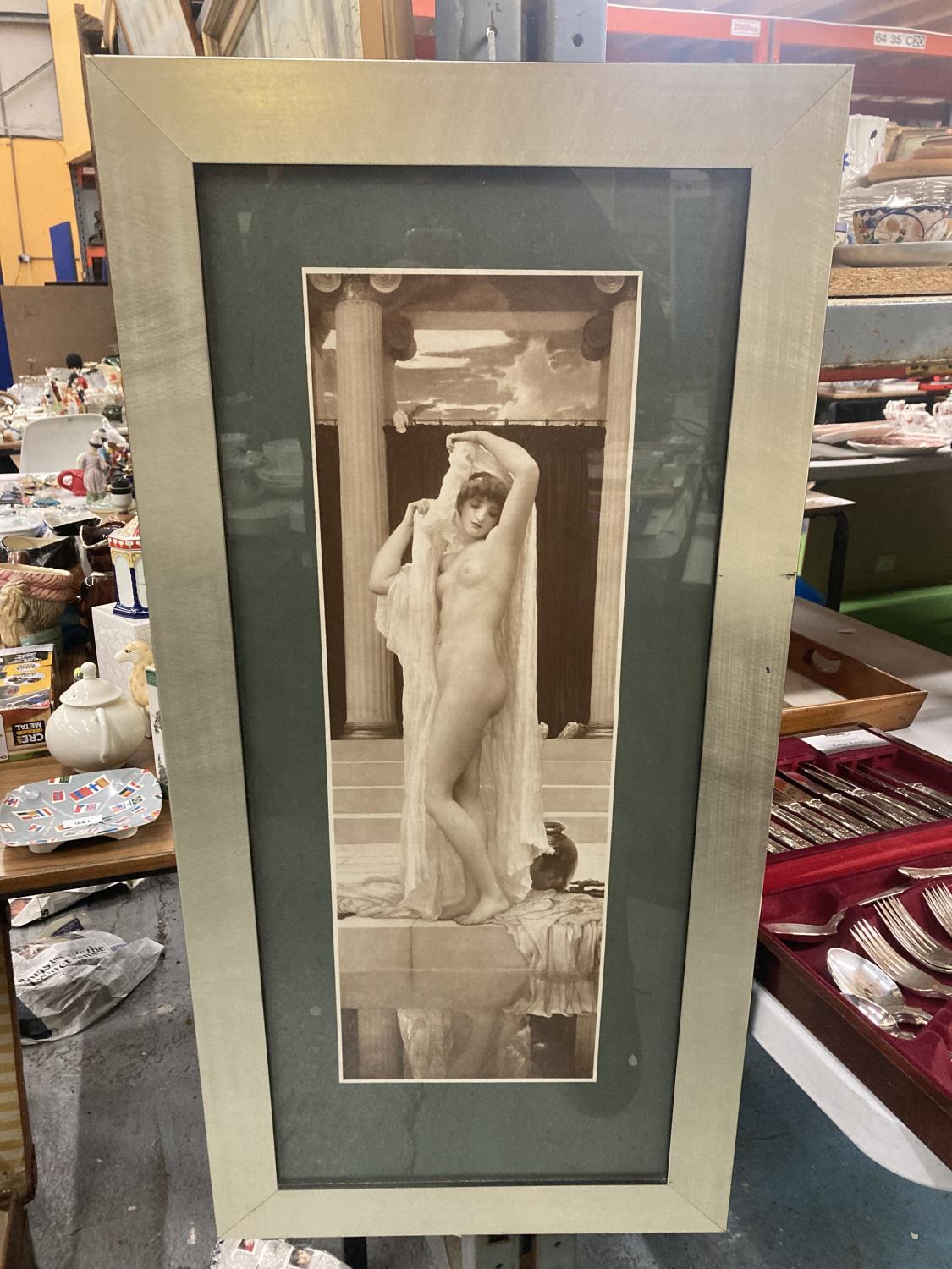 A FRAMED PRINT OF A NUDE MAIDEN IN A CLASSICAL SETTING