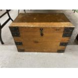 A PINE SMALL CHEST WITH METAL BANDING AND HANDLES HEIGHT 34CM, WIDTH 54CM, DEPTH 34CM