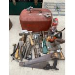 AN ASSORTMENT OF TOOLS TO INCLUDE A PUMP ACTION OIL CAN, CHISELS, SAWS AND A LARGE FUEL CAN ETC