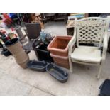 AN ASSORTMENT OF GARDEN ITEMS TO INCLUDE STACKING CHAIRS, PLANTERS AND PLASTIC WINDOW BOXES ETC