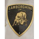 A CAST SHIELD SHAPED LAMBORGHINI SIGN 19CM X 22CM