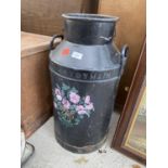 A VINTAGE FLORAL PAINTED 'RHYDYMAIN' MILK CHURN