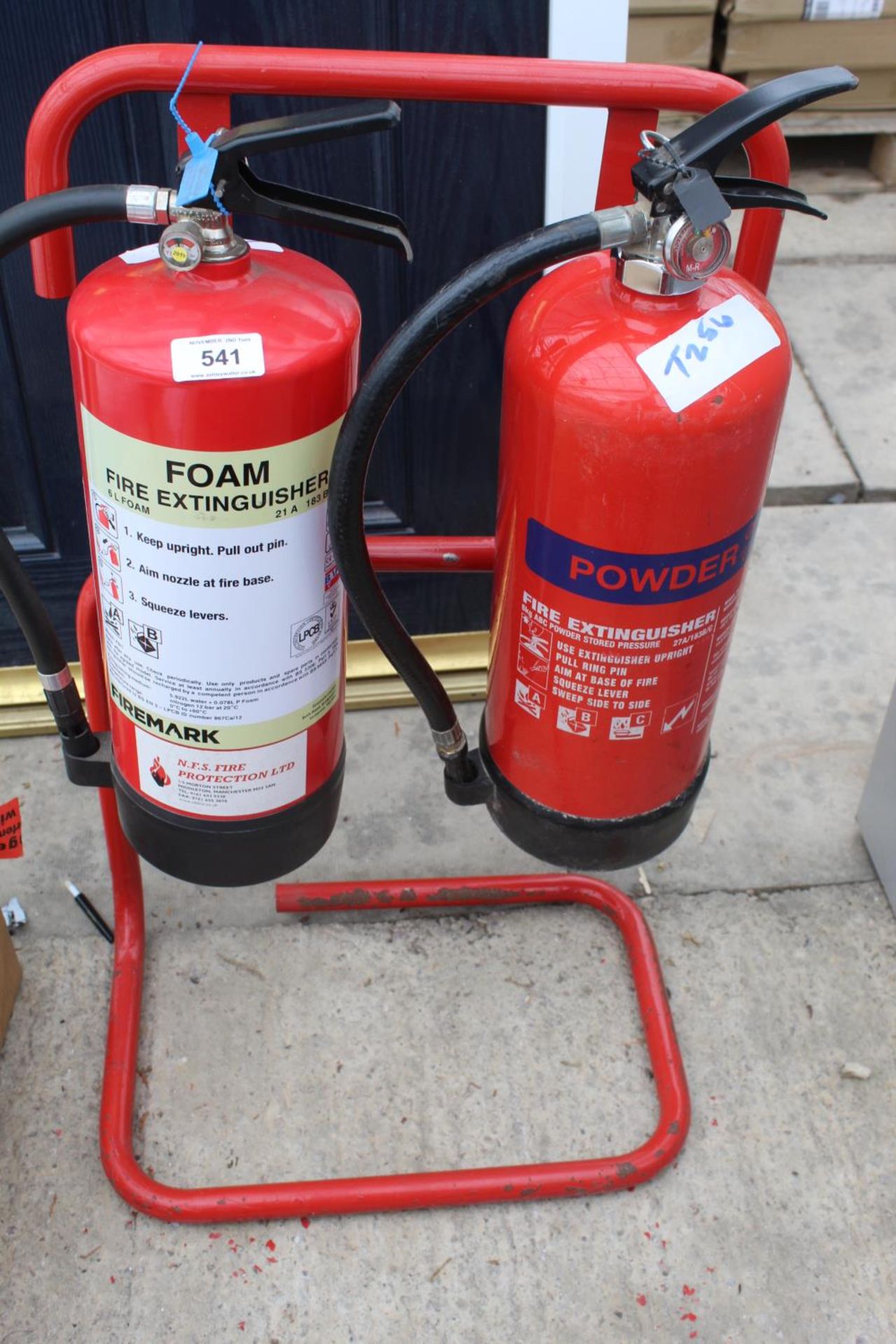 TWO FIRE EXTINGUISHERS ON STAND - NO VAT