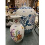 A LARGE CHINESE LIDDED POT WITH BLUE AND GREEN FLORAL PATTERN HEIGHT APPROX 34CM PLUS A ROYAL