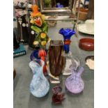 A QUANTITY OF GLASSWARE TO INCLUDE A MURANO STYLE CLOWN, LION COASTER, CAITHNESS STYLE VASES, VASES,