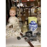 A VINTAGE POT DOLL TOGETHER WITH OTHER ITEMS TO INCLUDE WATCHES, ORIENTAL GINGER JAR, WOODEN BOAT,