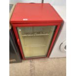 A RED GLASS FRONTED DISPLAY FRIDGE