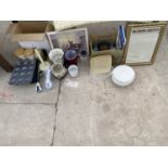 A LARGE ASSORTMENT OF ITEMS TO INCLUDE A FRAMED MIRROR, KITCHEN ITEMS AND PLANT POTS ETC