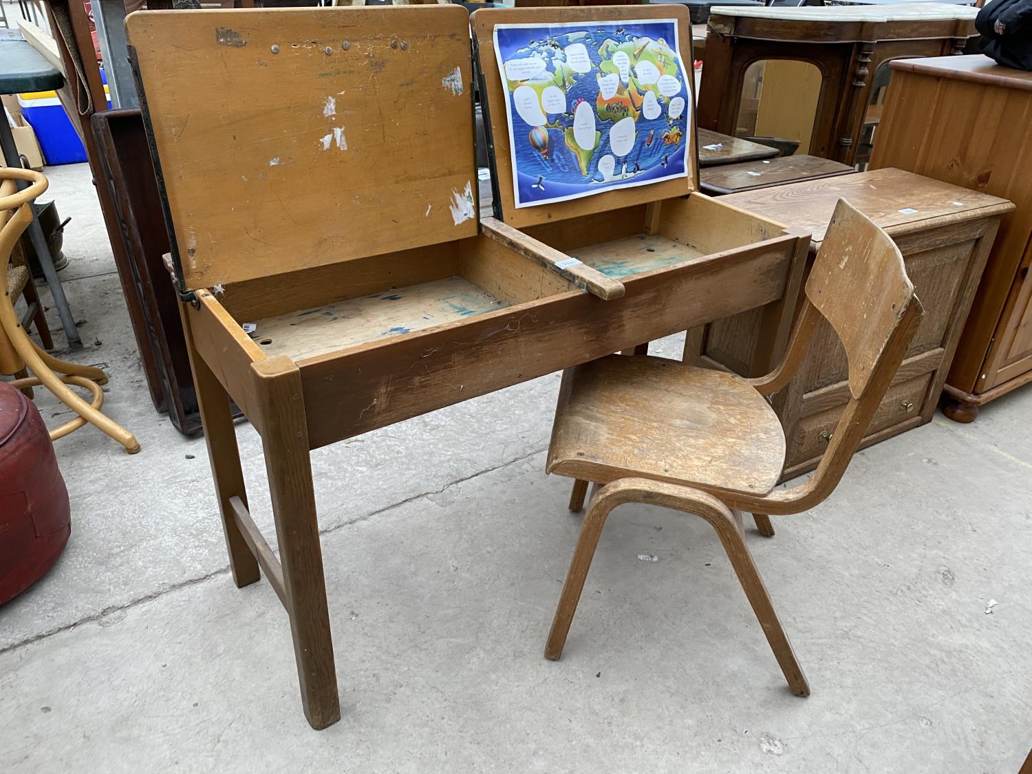 A MID 20TH CENTURY CHILDS DOUBLE DESK WITH BENTWOOD CHAIR - Image 3 of 3