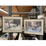 TWO FRAMED PRINTS BY JOSEPH FARQUHARSON TITLED 'EVENING GLOW' AND 'TO WINTERS QUARTERS'