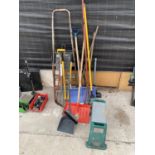 AN ASSORTMENT OF GARDEN TOOLS TO INCLUDE SHEARS, FORKS AND A STEP LADDER ETC