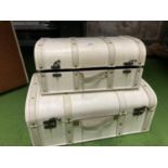 TWO VINTAGE STYLE CREAM TRUNKS WITH STUDDED BANDING - WIDTH 45 X 35