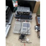 AN ASSORTMENT OF ITEMS TO INCLUDE A MONITOR, A TASCAM PORTASTUDIO 424 AND A VIDEO PROCESSOR ETC