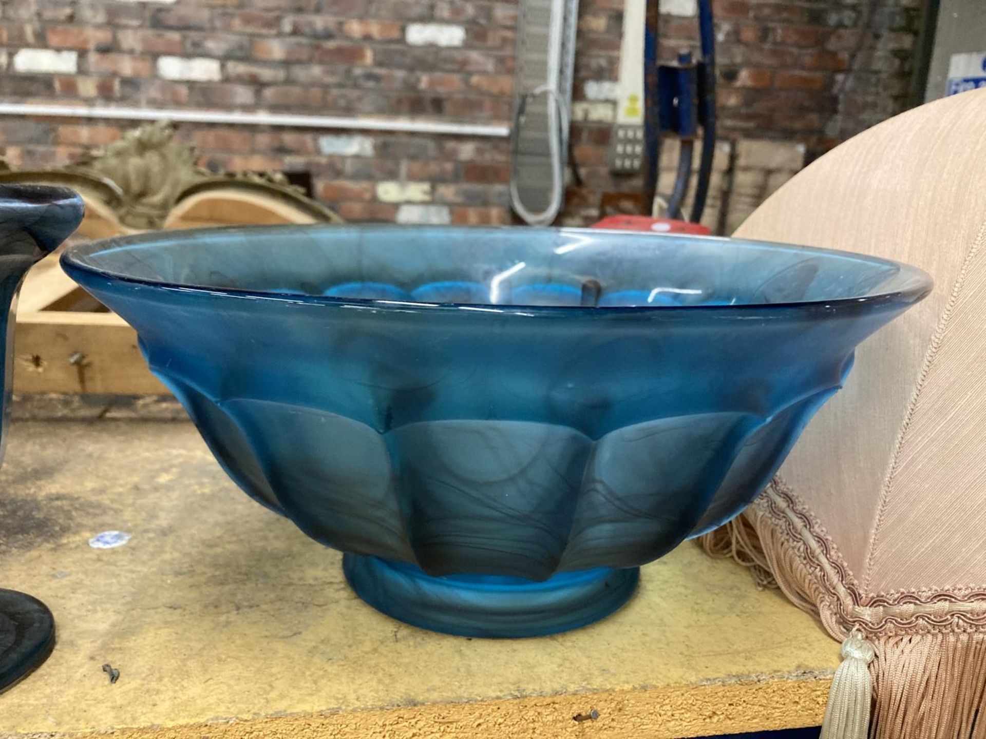 FOUR PIECES OF BLUE CLOUD GLASS TO INCLUDE TWO LARGE BOWLS AND TWO VASES - Image 2 of 4