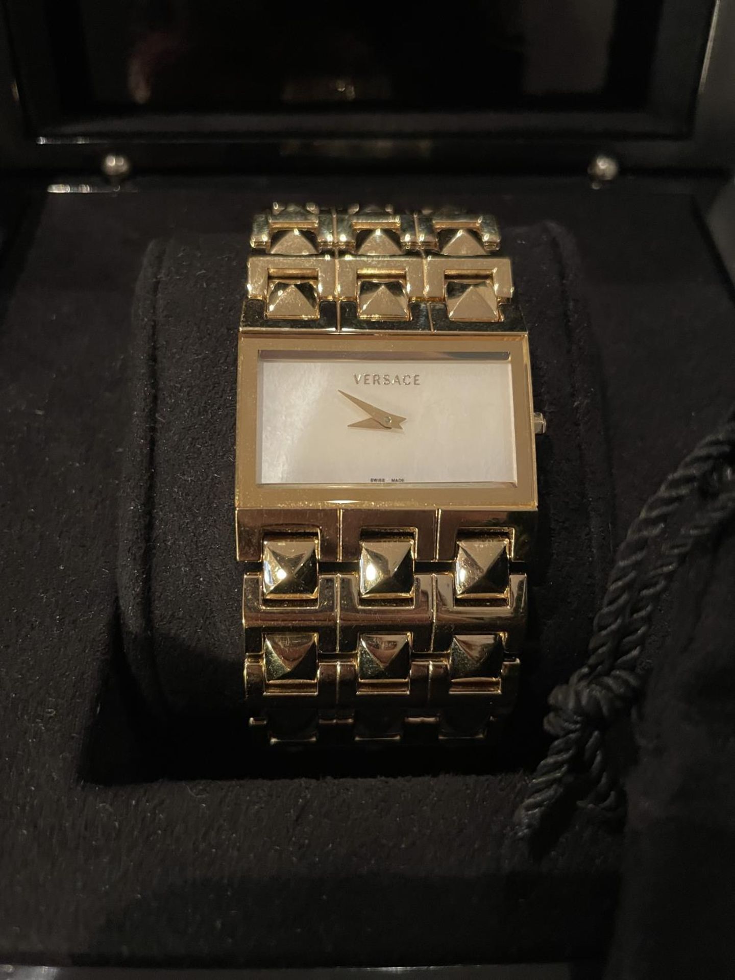 A BOXED VERSACE WRIST WATCH WITH PERALISED RECTANGULAR FACE SOFT BAG ETC - Image 2 of 7