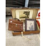 A VINTAGE LEATHER TRAVEL CASE, A BRIEFCASE AND A FRAMED PRINT
