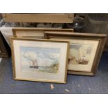 THREE WATERCOLOURS OF SHIPS IN THE HARBOUR AND AT SEA, ONE SIGNED HAROLD CARLOW 1990