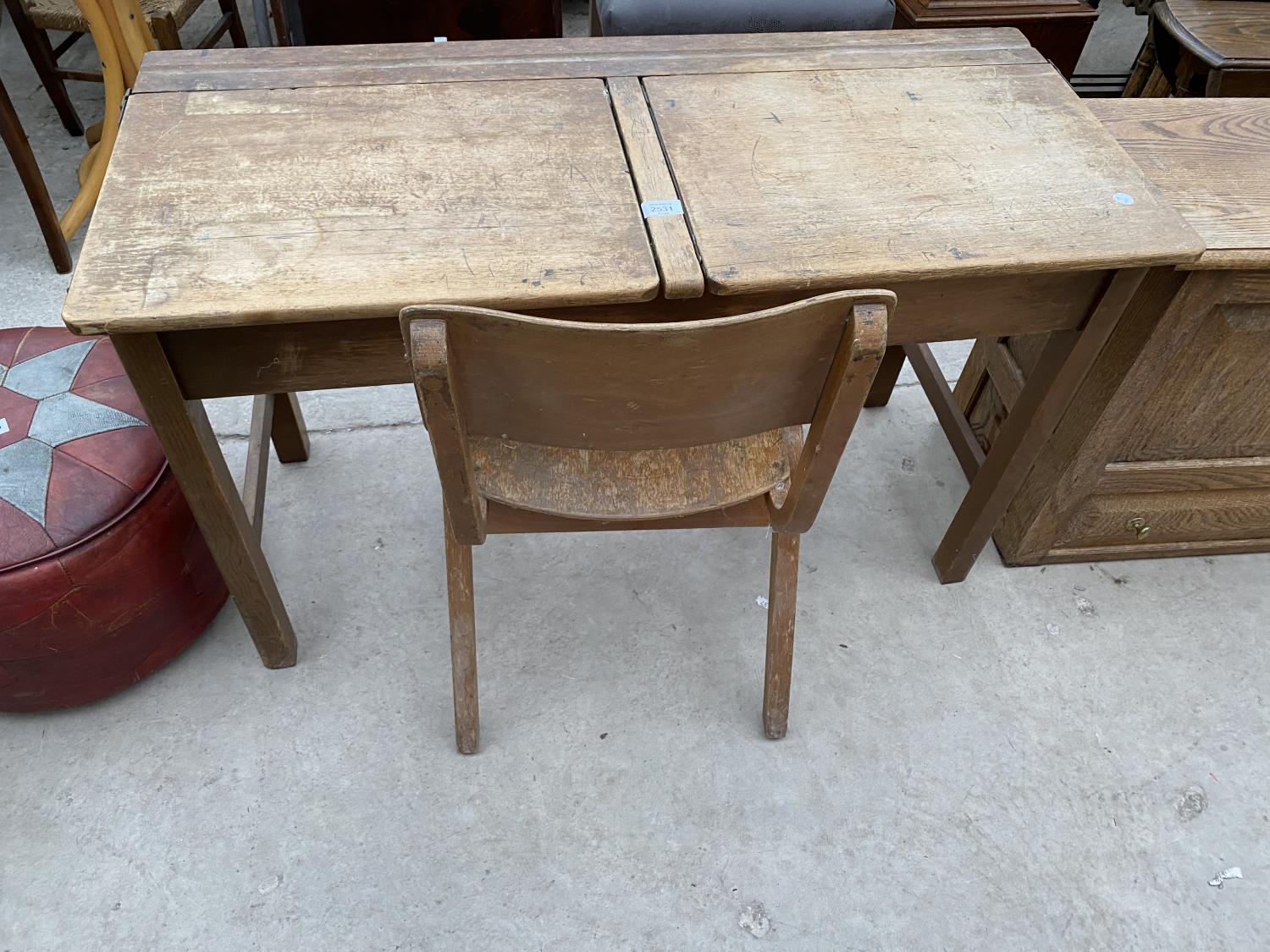 A MID 20TH CENTURY CHILDS DOUBLE DESK WITH BENTWOOD CHAIR