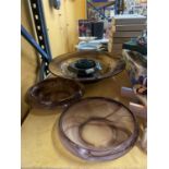 A QUANTITY OF CLOUD GLASS TO INCLUDE A VERY LARGE PURPLE BOWL DIAMETER 50CM, TWO BOWLS AND A BLUE