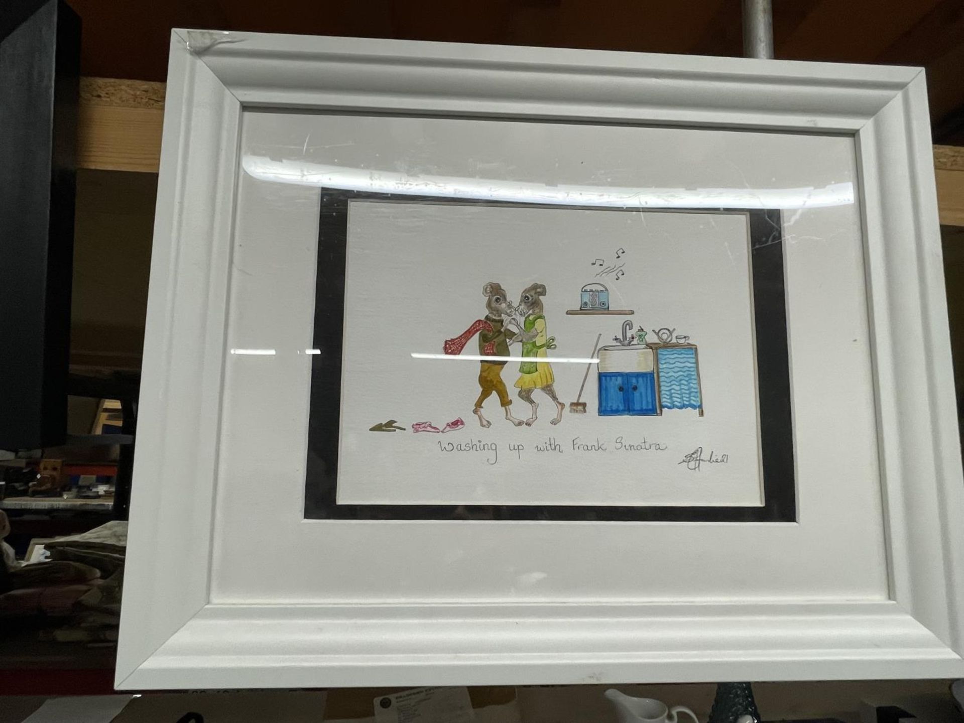 AN ORIGINAL WATERCOLOUR OF DANCING MICE TITLED 'WASHING UP WITH FRANK SINATRA' SIGNED SALLY HARDIE