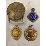 FOUR VINTAGE FOOTBALL MEDALS TO INCLUDE ONE HALLMARKED SILVER