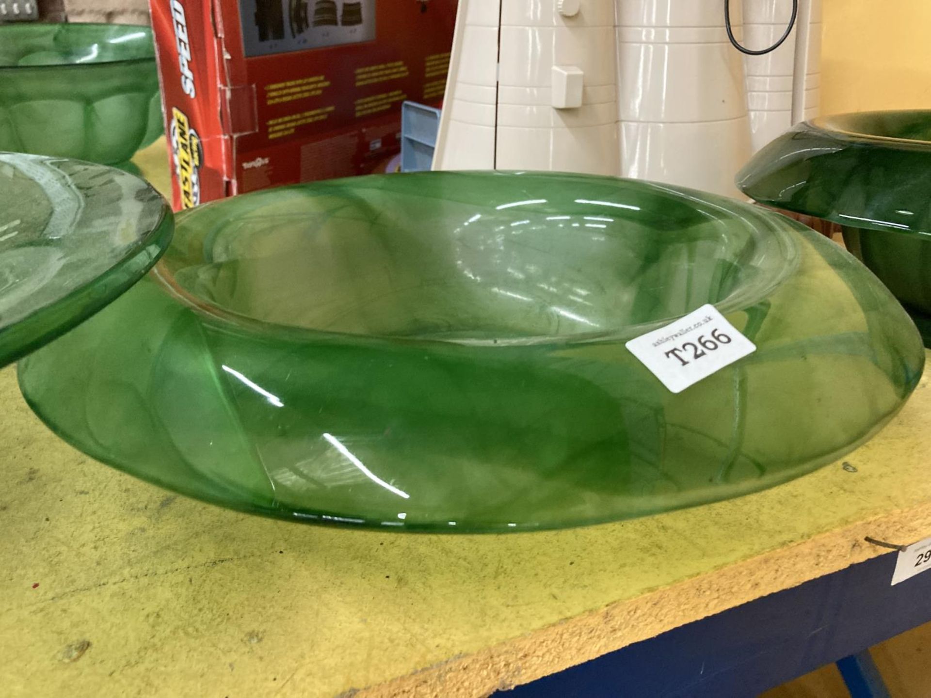 THREE LARGE PIECES OF GREEN CLOUD GLASSWARE BOWLS - Image 3 of 4