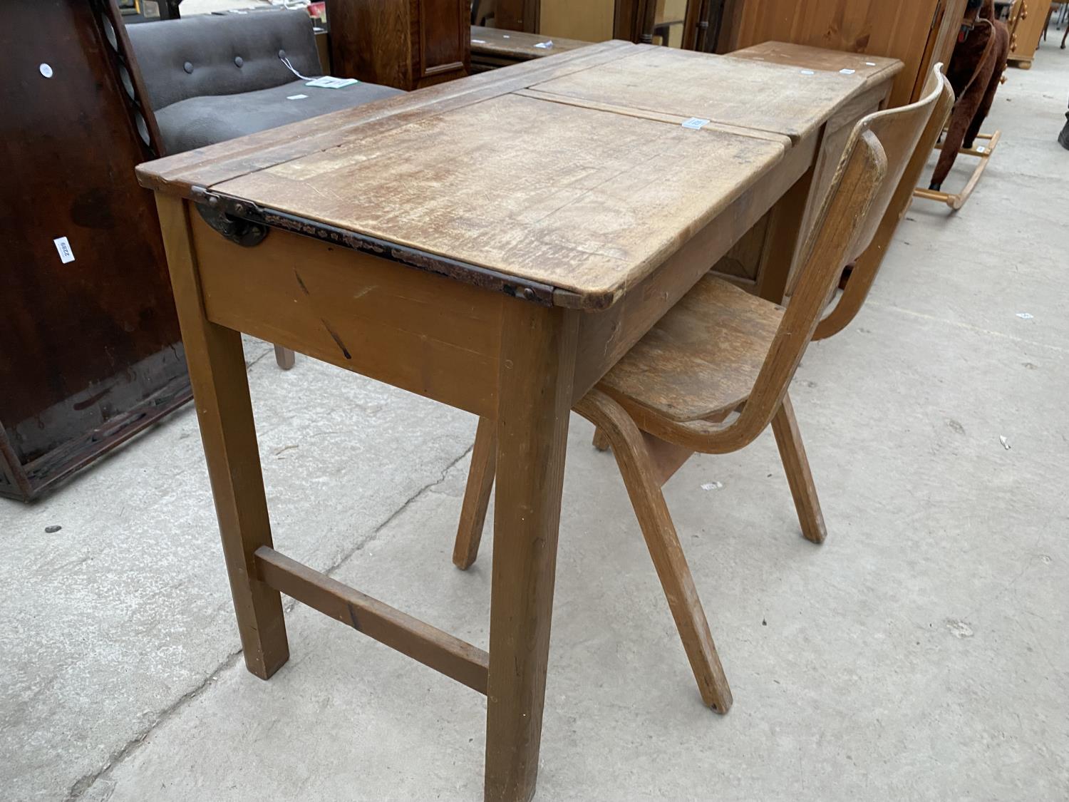 A MID 20TH CENTURY CHILDS DOUBLE DESK WITH BENTWOOD CHAIR - Image 2 of 3
