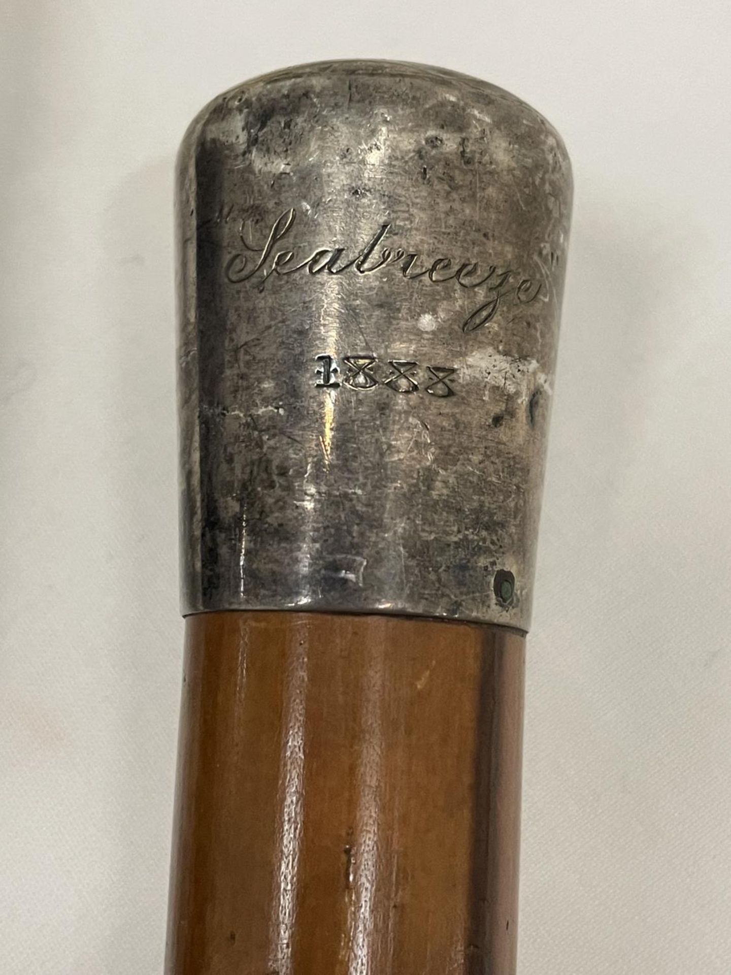 TWO WALKING STICKS TO INCLUDE A SILVER TOPPED WALKING CANE ENGRAVED SEABREEZER 1888 AND ONE WITH A - Image 2 of 5