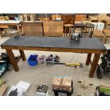 A LARGE WOODEN WORK BENCH WITH SINGLE DRAW (LENGTH 244CM) ALONG WITH A 150W BENCH GRINDER AND A