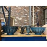 FOUR PIECES OF BLUE CLOUD GLASS TO INCLUDE TWO LARGE BOWLS AND TWO VASES