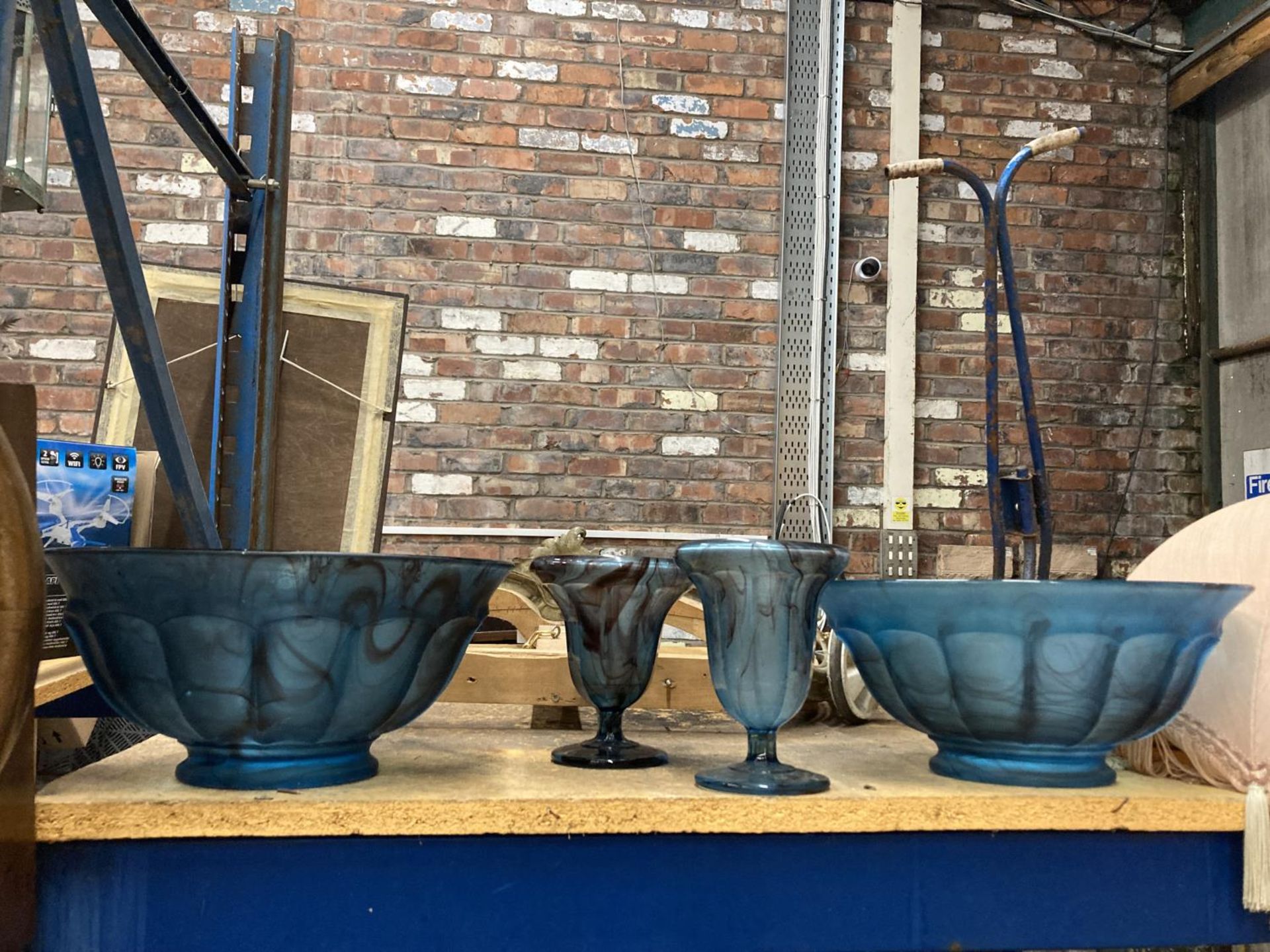 FOUR PIECES OF BLUE CLOUD GLASS TO INCLUDE TWO LARGE BOWLS AND TWO VASES