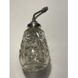 A VINTAGE CUT GLASS PERFUME BOTTLE WITH A STERLING SILVER TOP