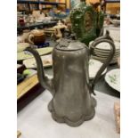 A VINTAGE JAMES DIXON AND SONS PEWTER COFFEE POT WITH FLUTED BOTTOM AND FLOWER FINIAL