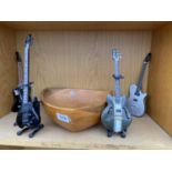 A TREEN FRUIT BOWL AND FOUR MINITURE MODEL GUITARS