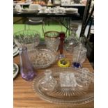 A QUANTITY OF GLASSWARE TO INCLUDE A DRESSING TABLE SET, PAPERWEIGHT, ICE BUCKET, DECANTER, BOWLS