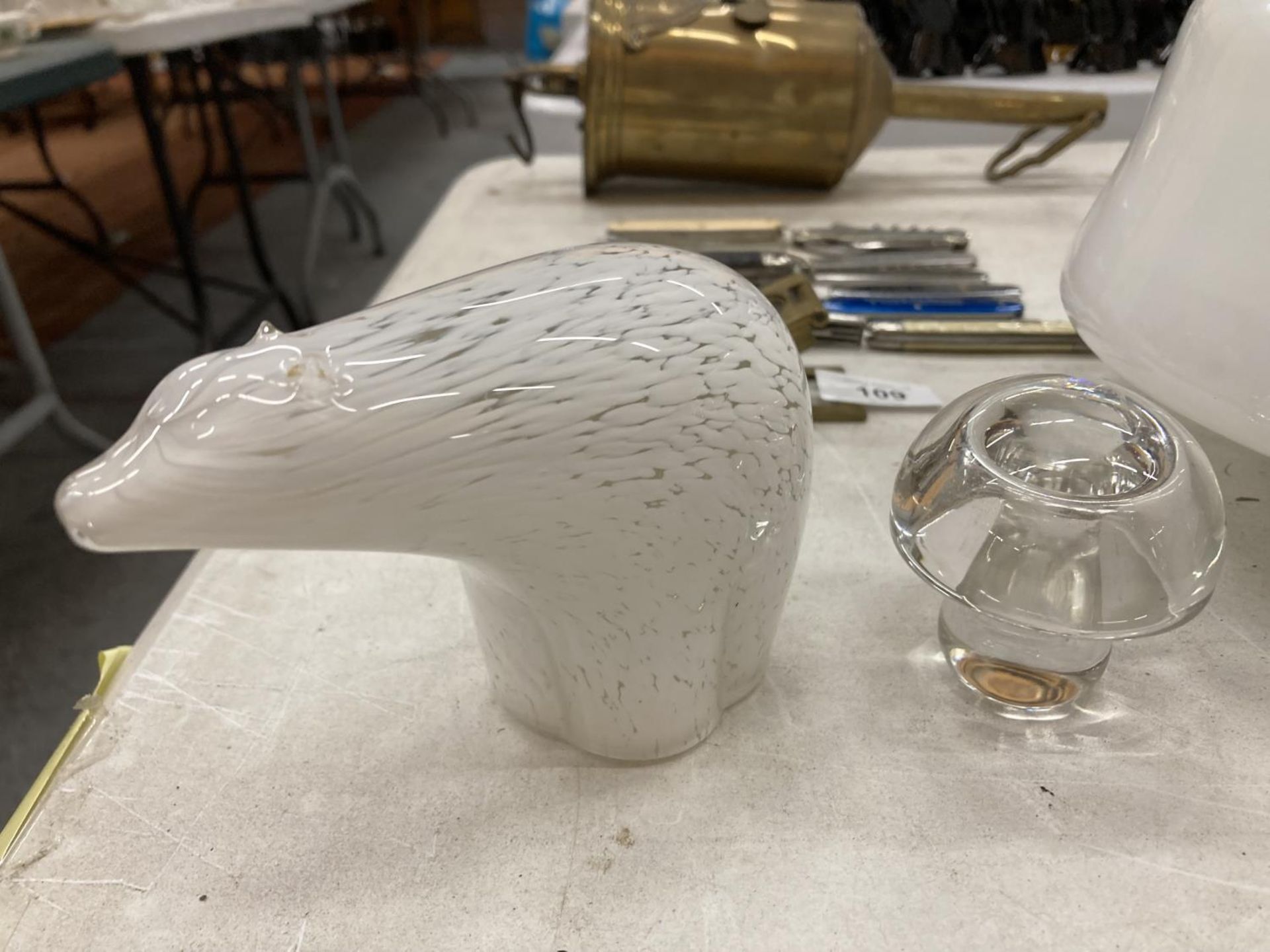 TWO WEDGWOOD GLASS PAPERWEIGHTS, ONE A POLAR BEAR THE OTHER A MUSHROOM