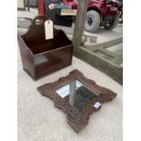 A VINTAGE MAHOGANY STATIONERY BOX ALONG WITH A SMALL WOODEN HAND CARVED FRAMED MIRROR