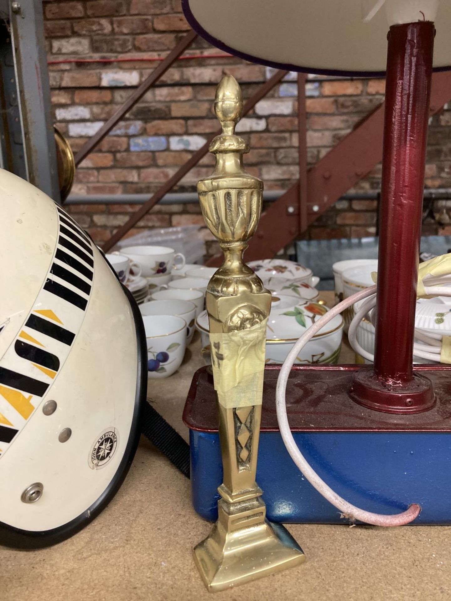 A FUEL TANK CONVERTED TO A LAMP AND A PAIR OF BRASS FIRE DOG ENDS - Image 2 of 2