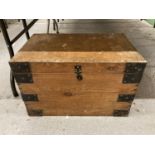 A PINE SMALL CHEST WITH METAL BANDING AND HANDLES HEIGHT 34CM, WIDTH 54CM, DEPTH 34CM