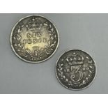 TWO VICTORIAN SILVER COINS TO INCLUDE A SIXPENCE AND A THREEPENCE