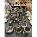 A LARGE QUANTITY OF PEWTER TO INCLUDE TEAPOTS, BOWLS, JUGS, ETC