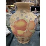 A LARGE PEACH COLOURED VASE WITH FLORAL DECORATION HEIGHT 30CM