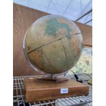 A VINTAGE WORLD GLOBE WITH WOODEN PLINTH BASE (A/F)