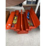 A METAL TOOL BOX CONTAING SCREWDRIVERS, PLIERS AND DRILL BITS DETC