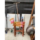 A FOLDING DIRECTORS CHAIR AND AN ASSORTMENT OF GARDEN TOOLS TO INCLUDE SHEARS ETC